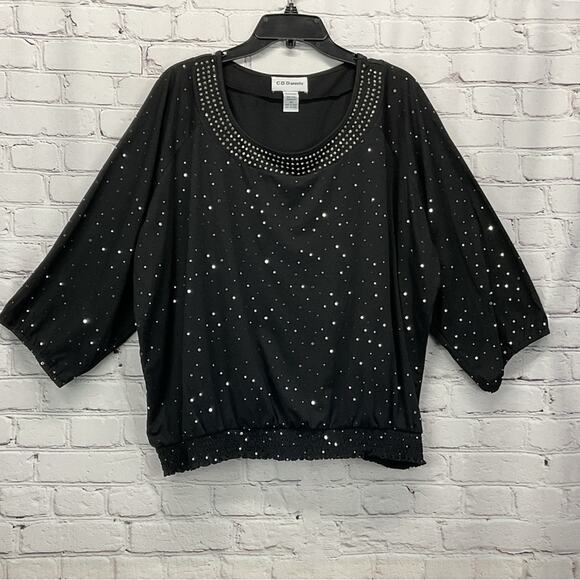C.D. Daniels Plus Size Top Women's 3x Black Sequin Embellished Pullover Smocked - Picture 1 of 5